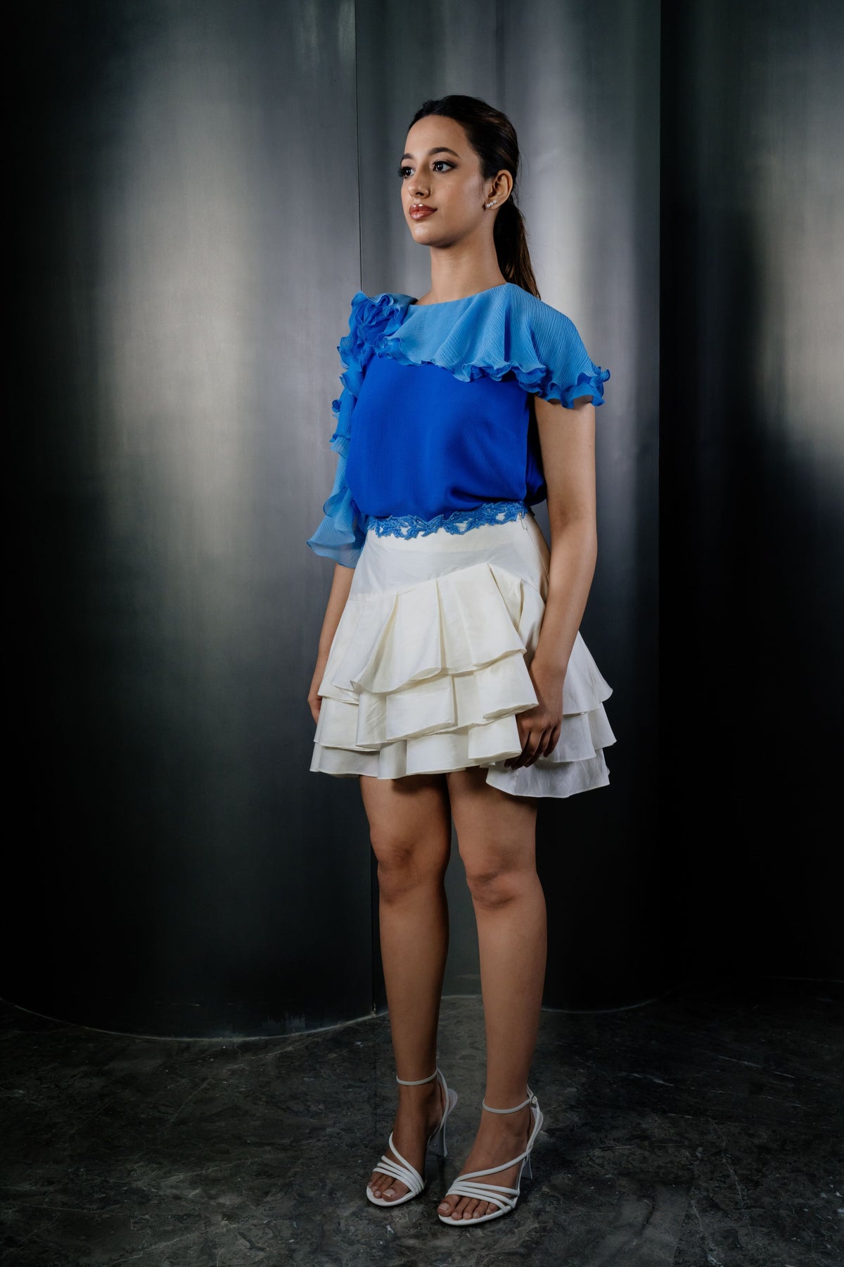 Blue Rosette Chiffon Top