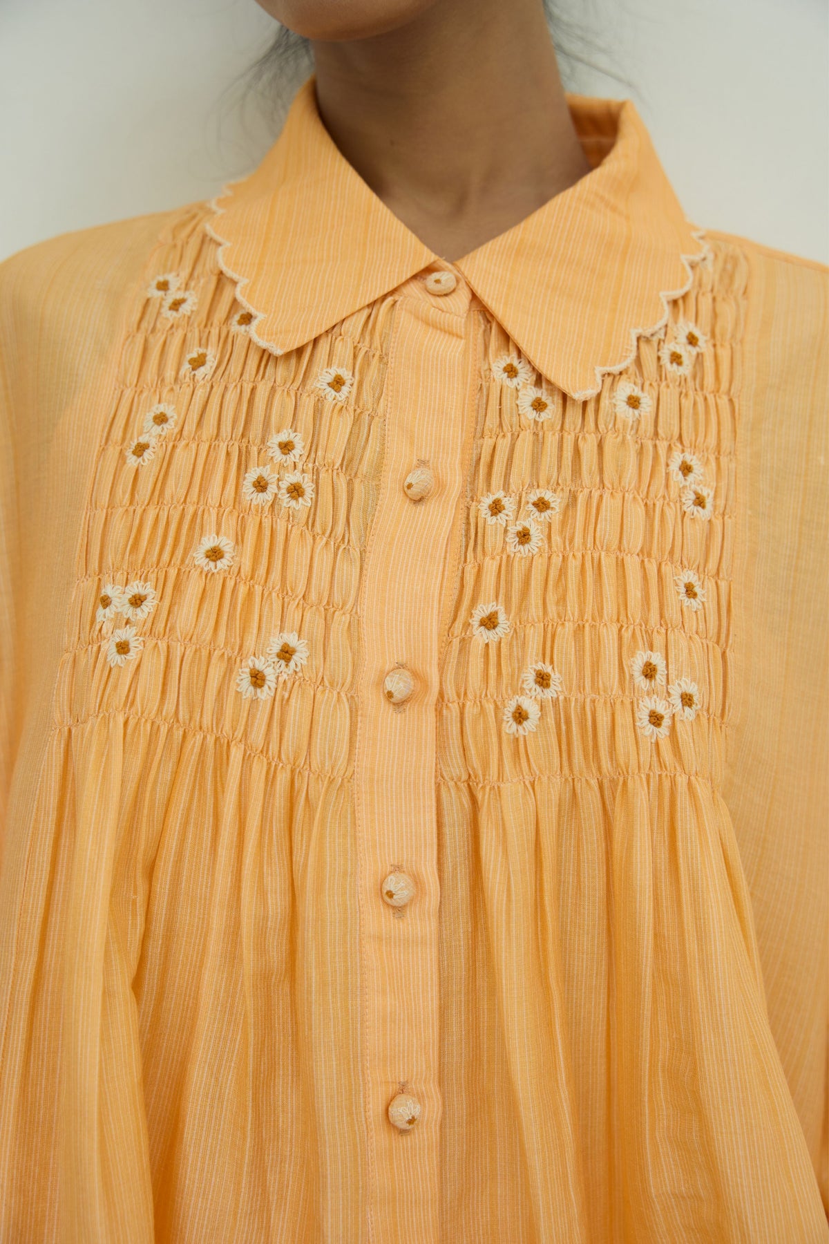 Orange Smocked Embroidered Shirt