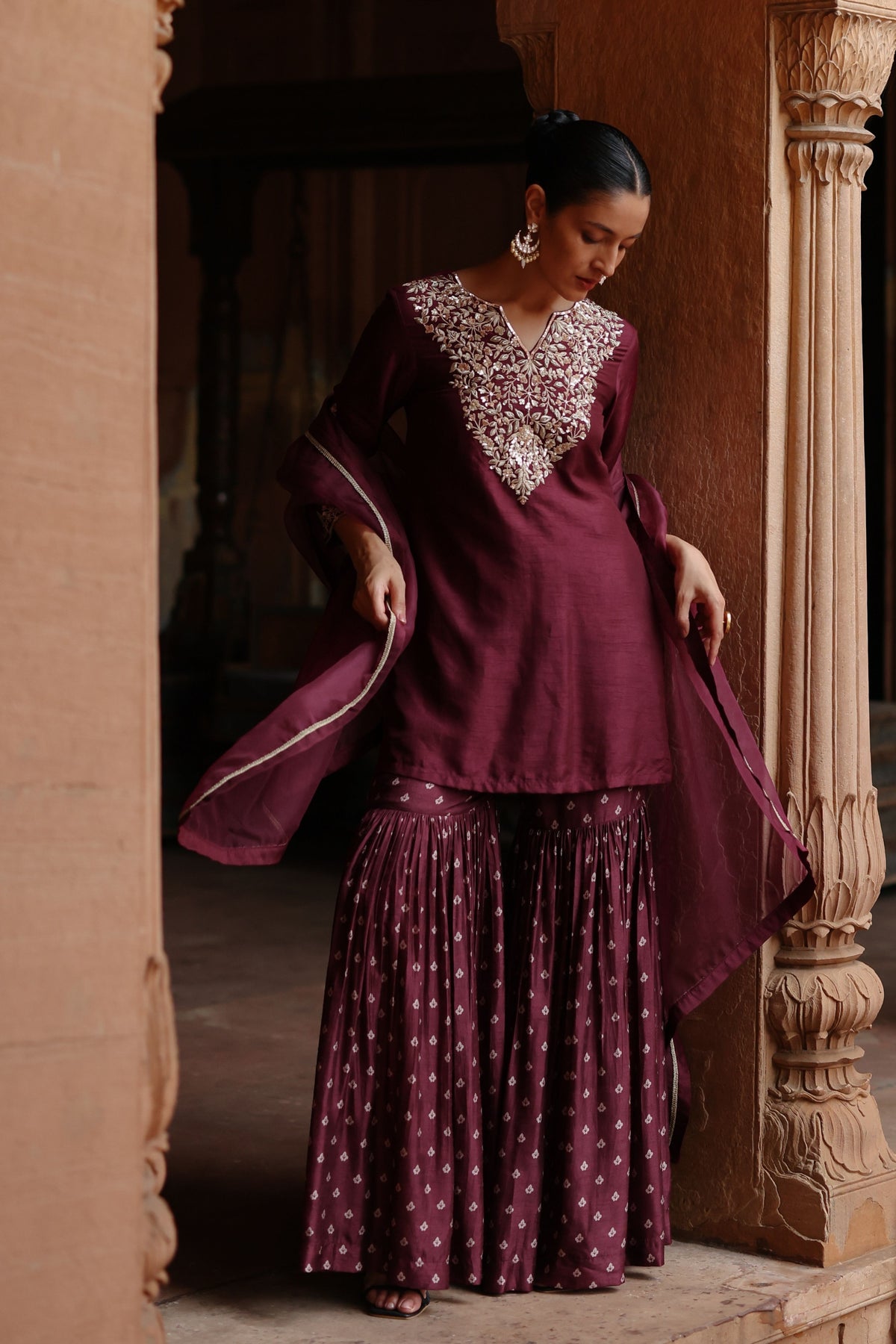 Wine Embroidered Sharara Set