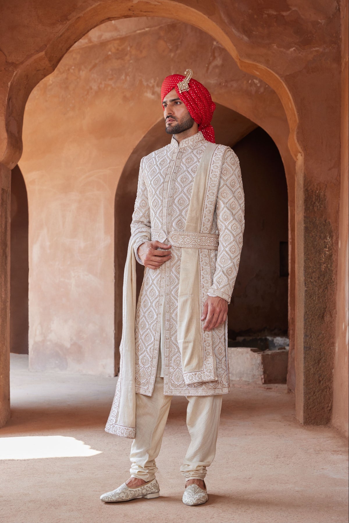 Ivory Embroidered Sherwani Set