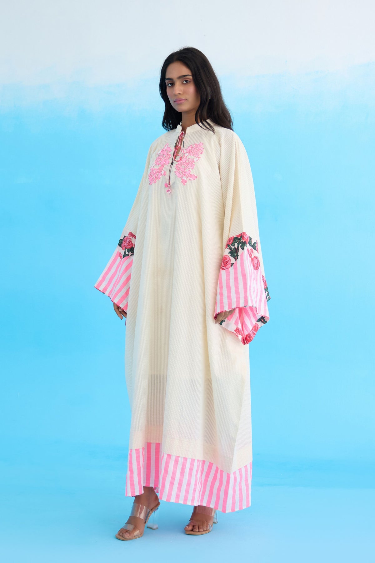 Cream Crouching Applique Kaftan Dress