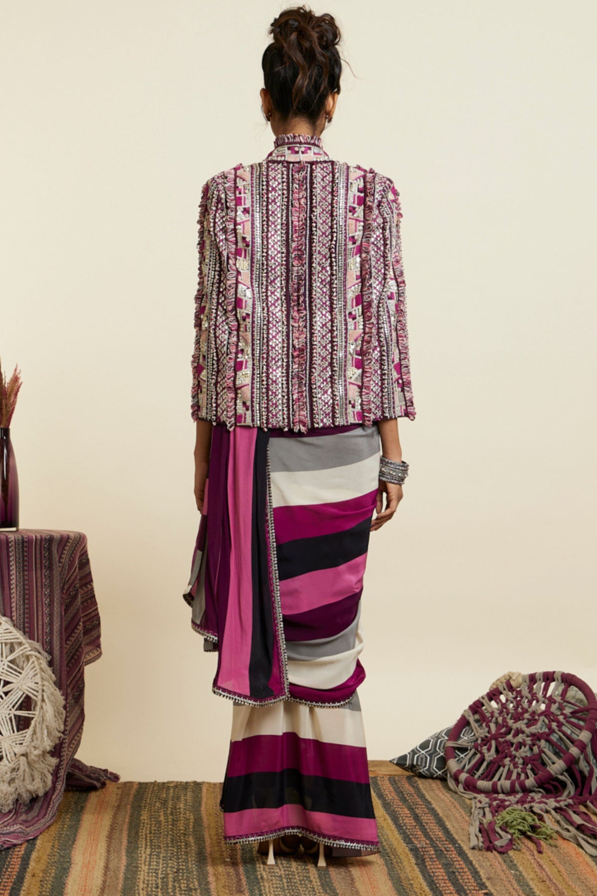 Merlot Stripe Print Cascade Saree Set