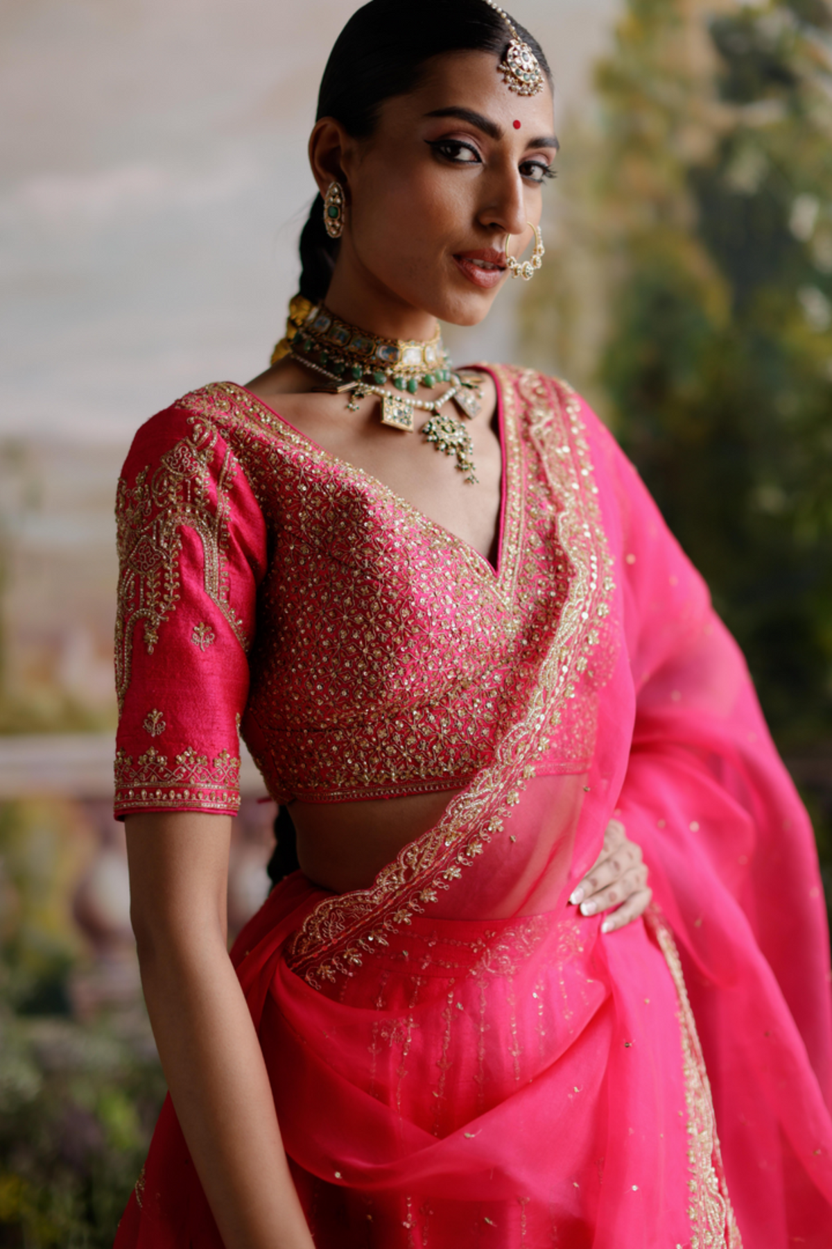 Hot Pink Raw Silk Lehenga Set