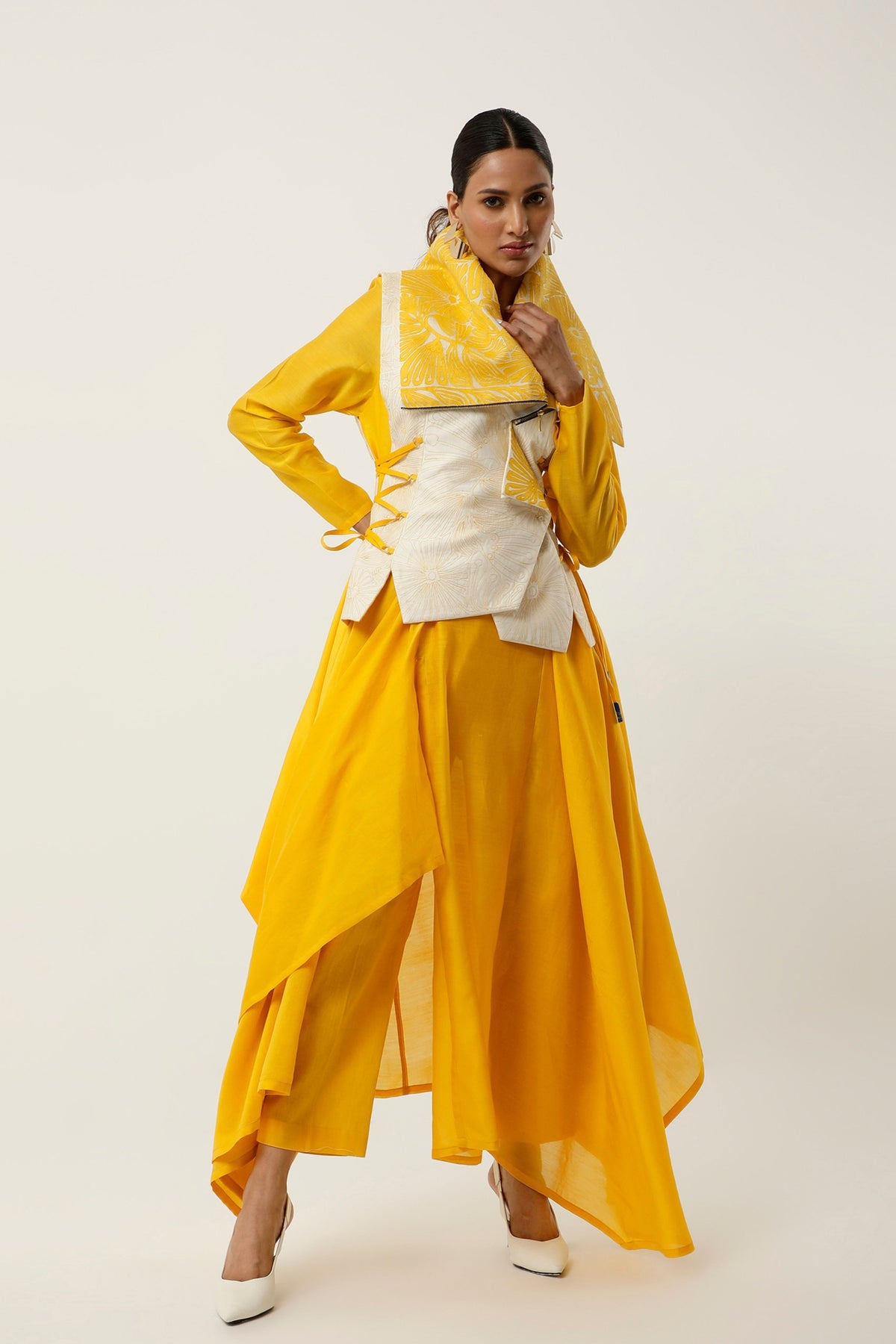 Yellow Drapped Collar Jacket Set