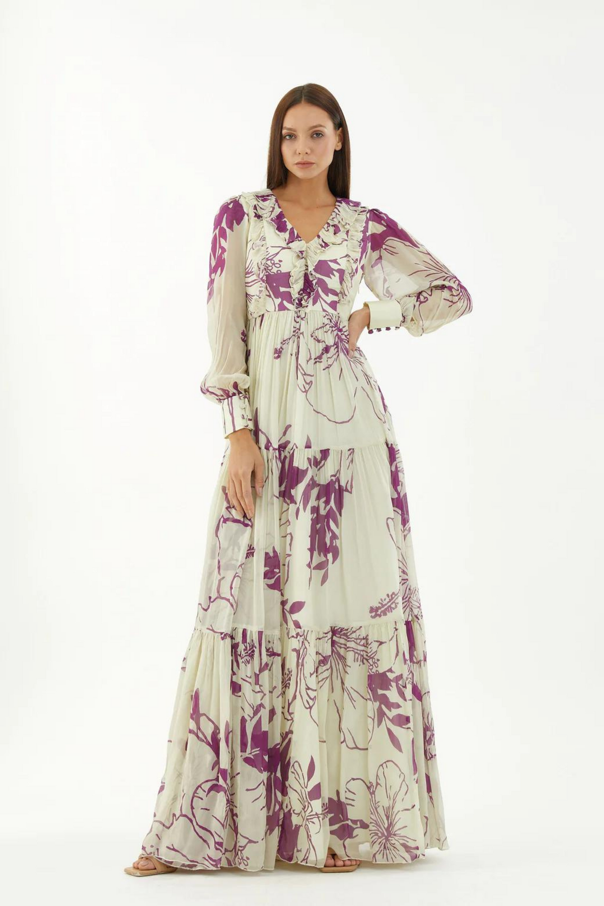 White And Purple Floral Long Dress