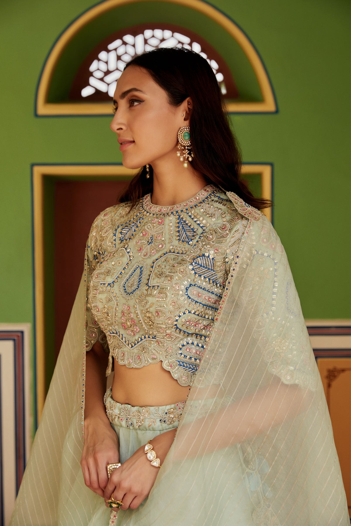 Sage embroidered organza lehenga set