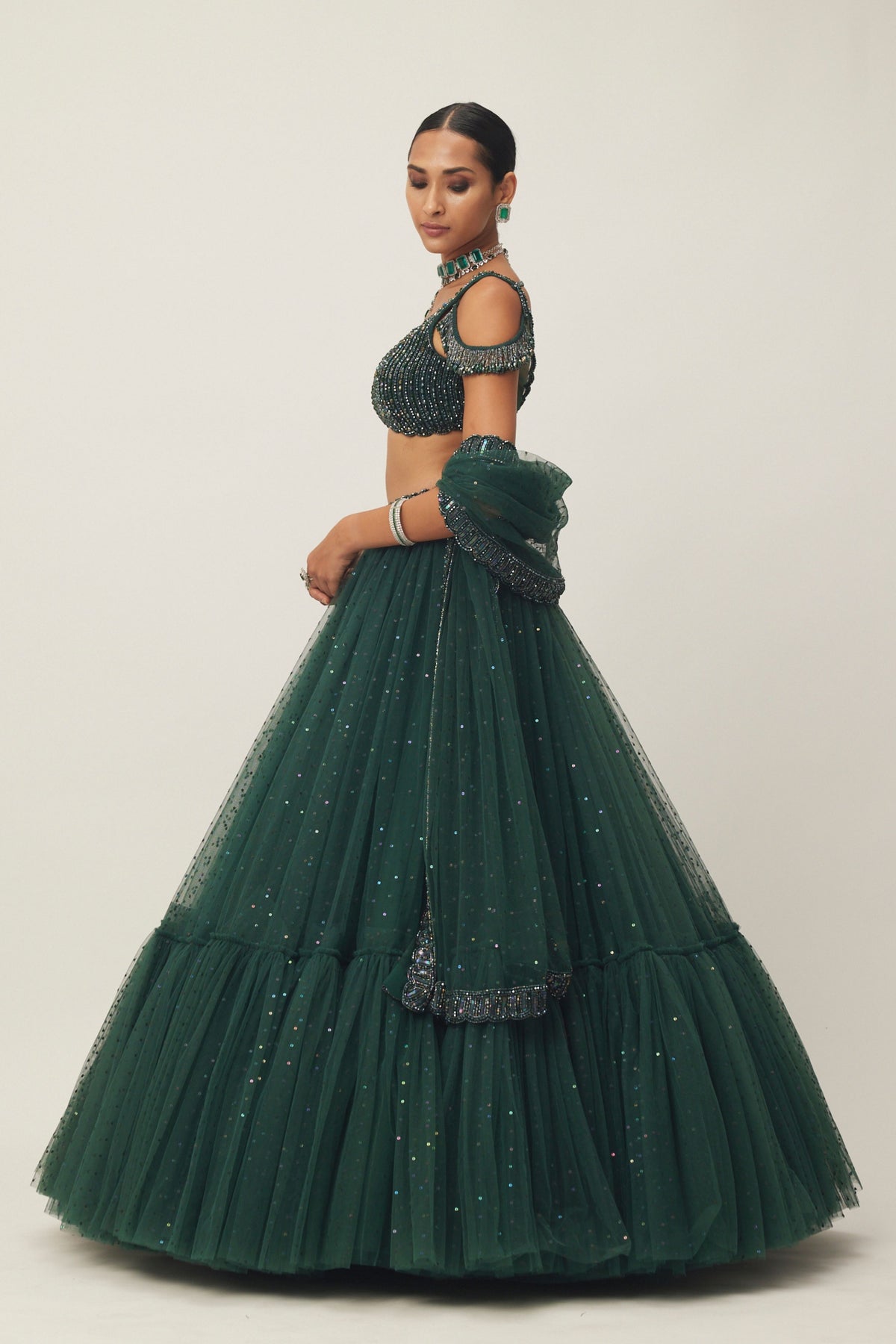 Dark Green Tulle Lehenga Set