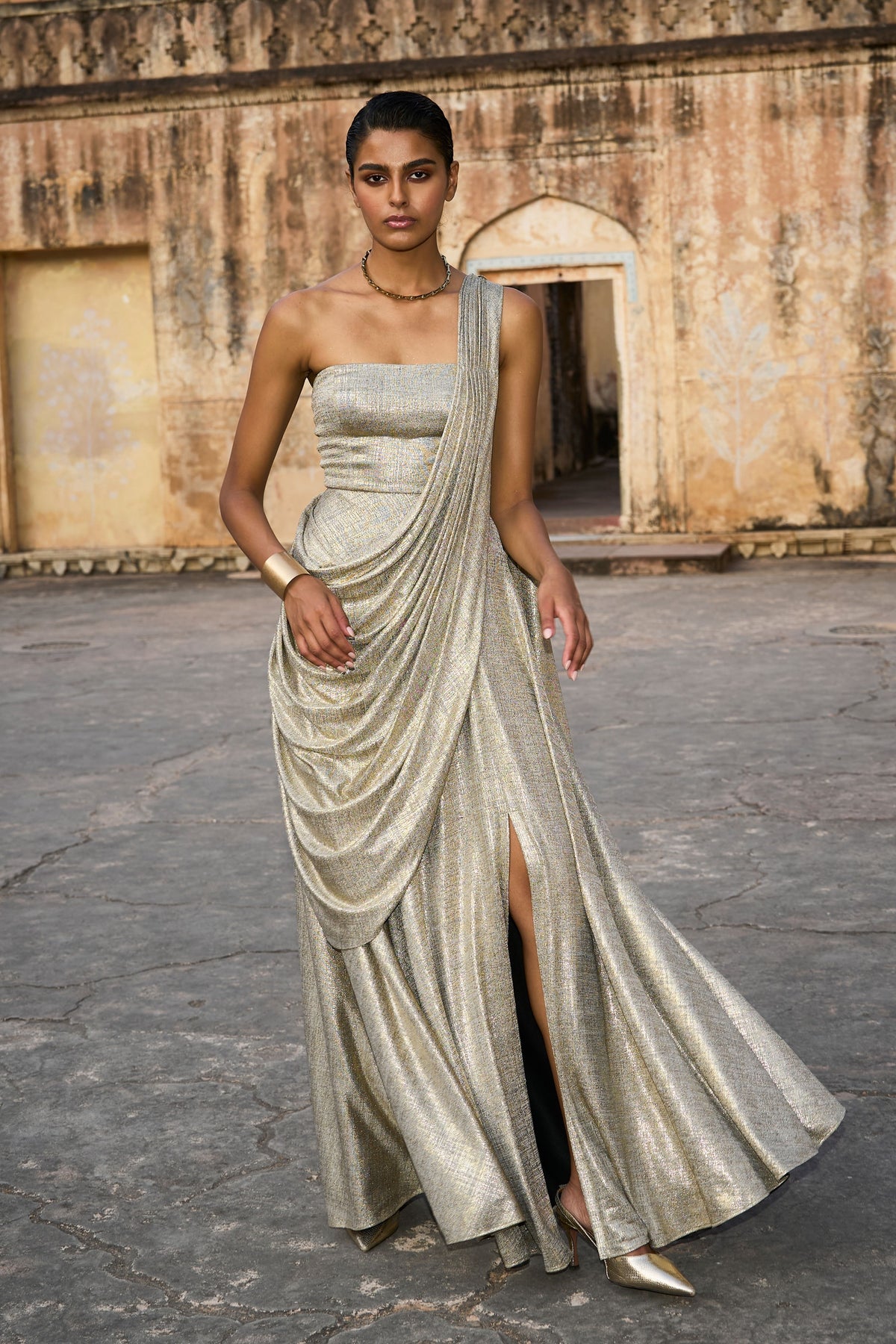 Champagne Saree Drape Gown