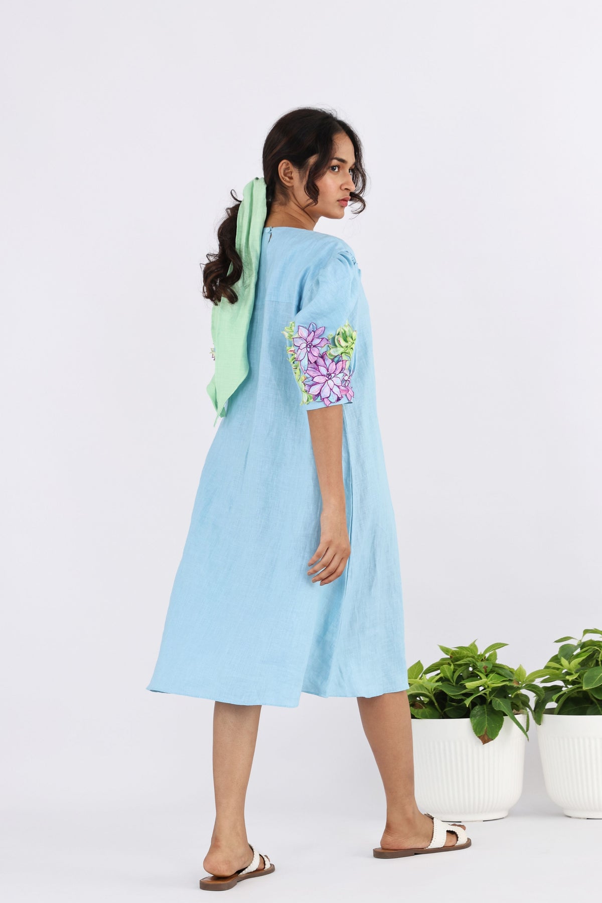 Pale Blue Plumeria Embroidered Dress