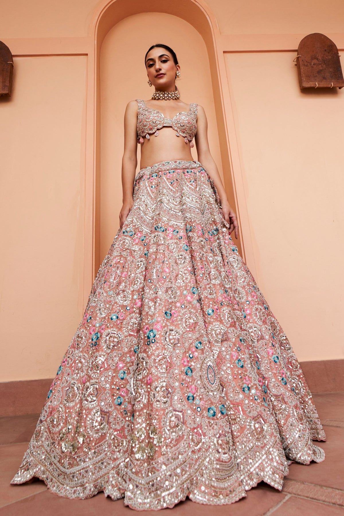 Coral Embroidered Lehenga Set