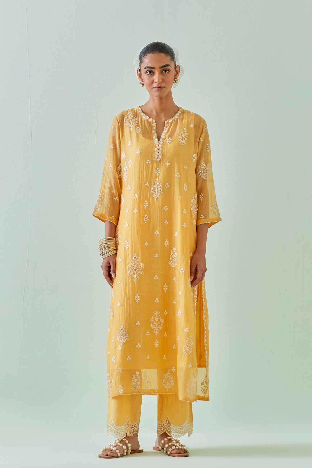 Yellow Scalloped Embroidery Kurta Set