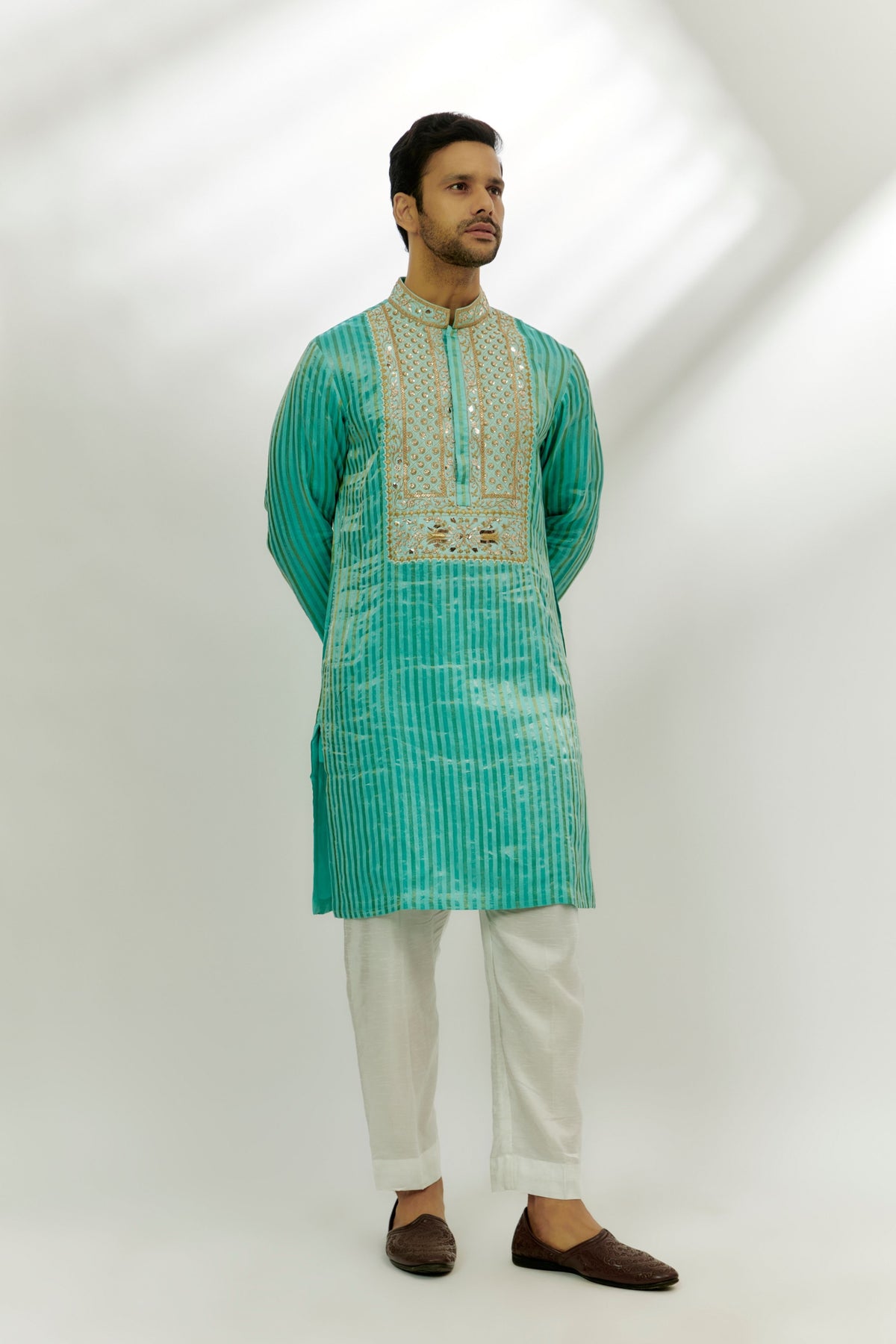 Cyan Blue Chanderi Silk Embroidered Kurta