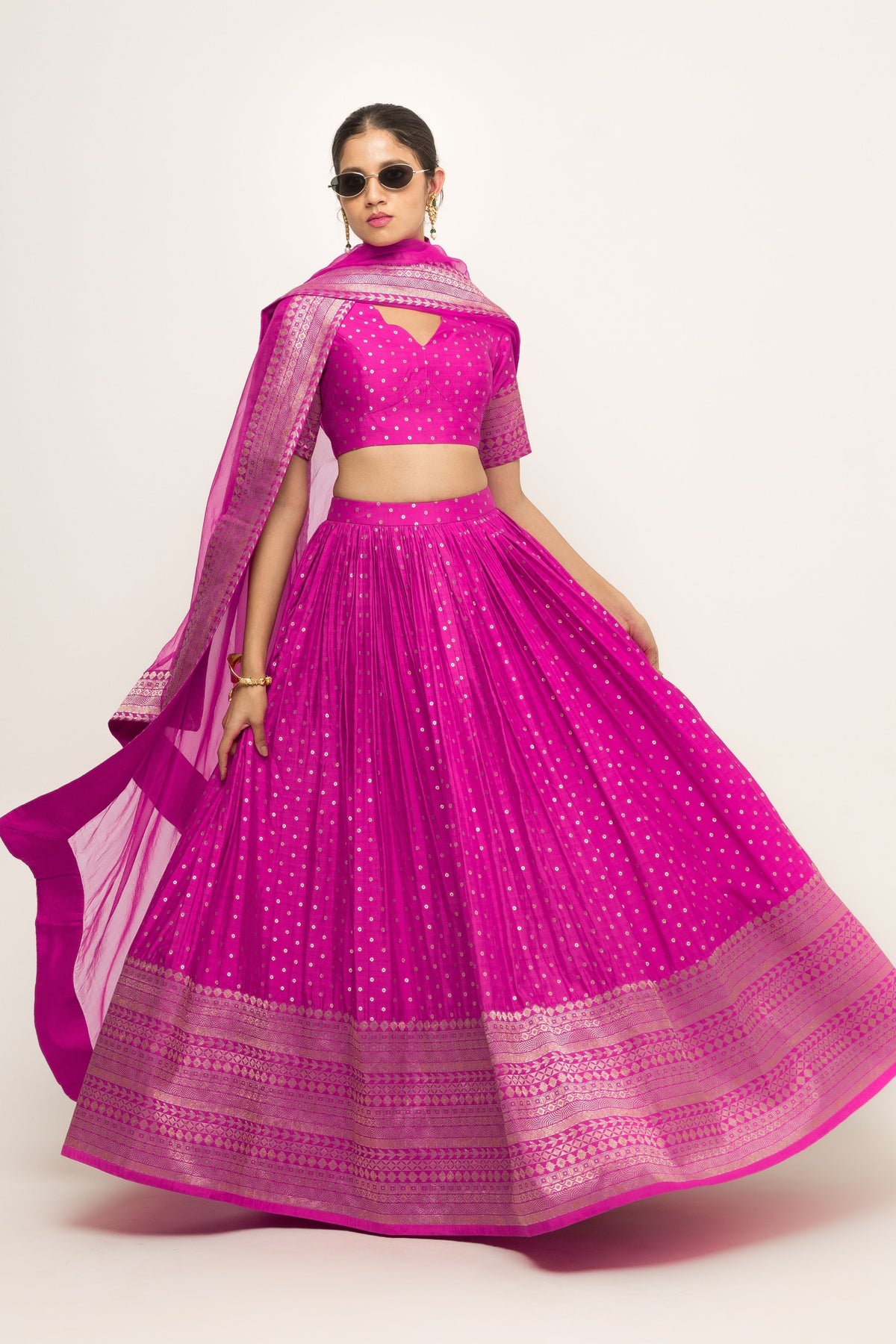 Fuschia Pink Dotted Lehenga Set