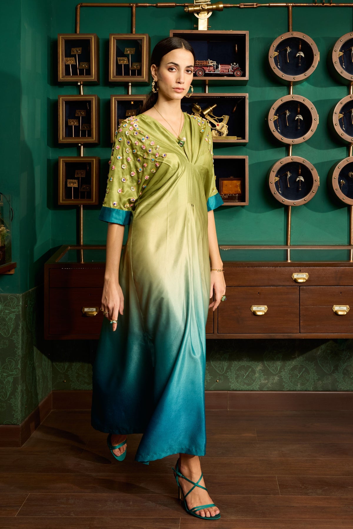 Green Ombre Embroidered Kaftan