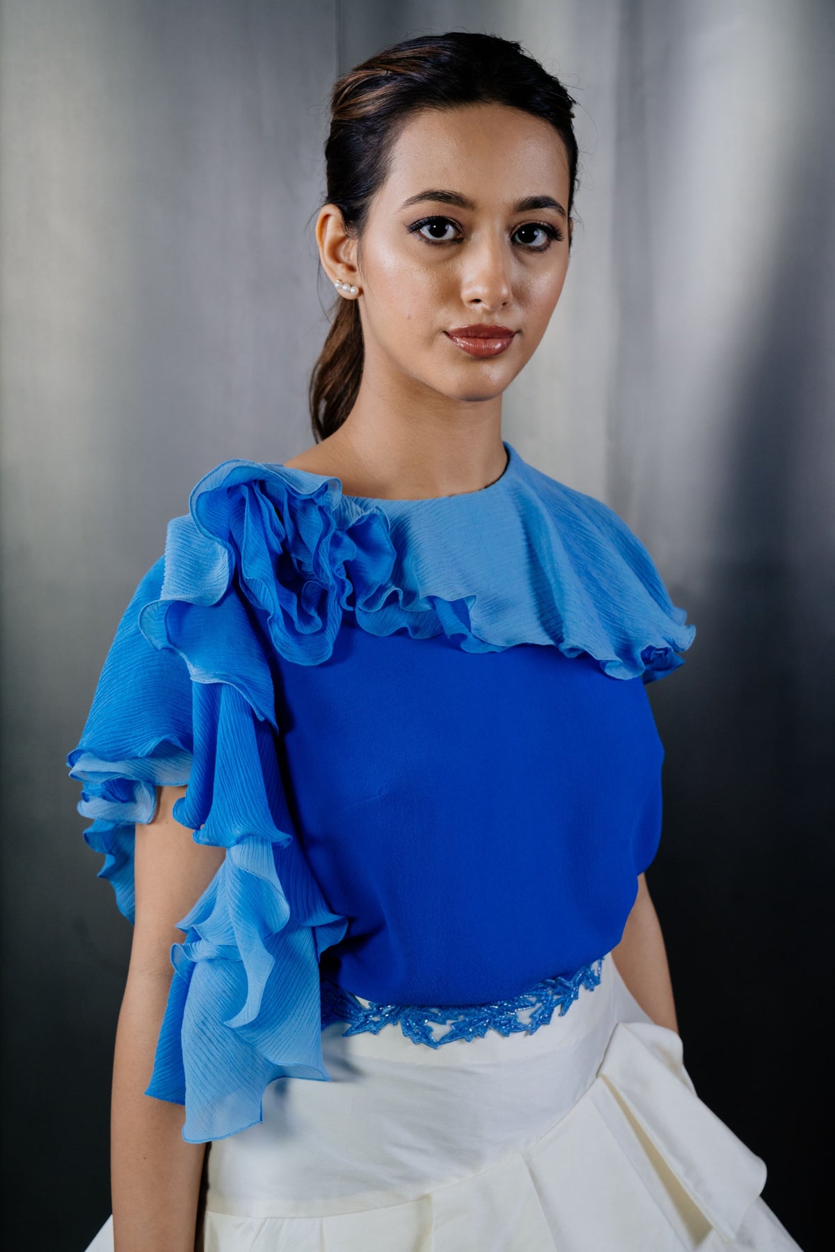 Blue Rosette Chiffon Top