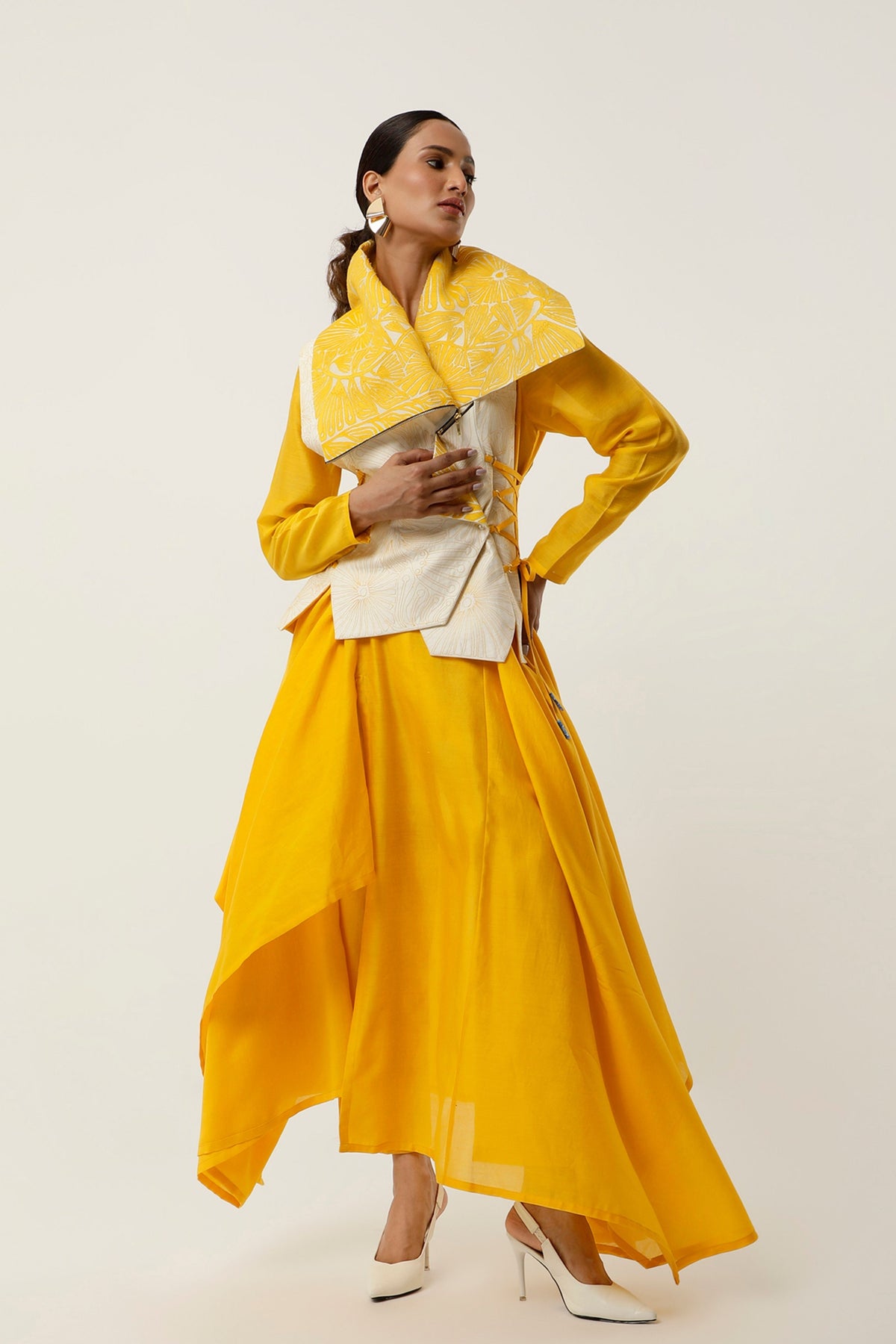 Yellow Drapped Collar Jacket Set