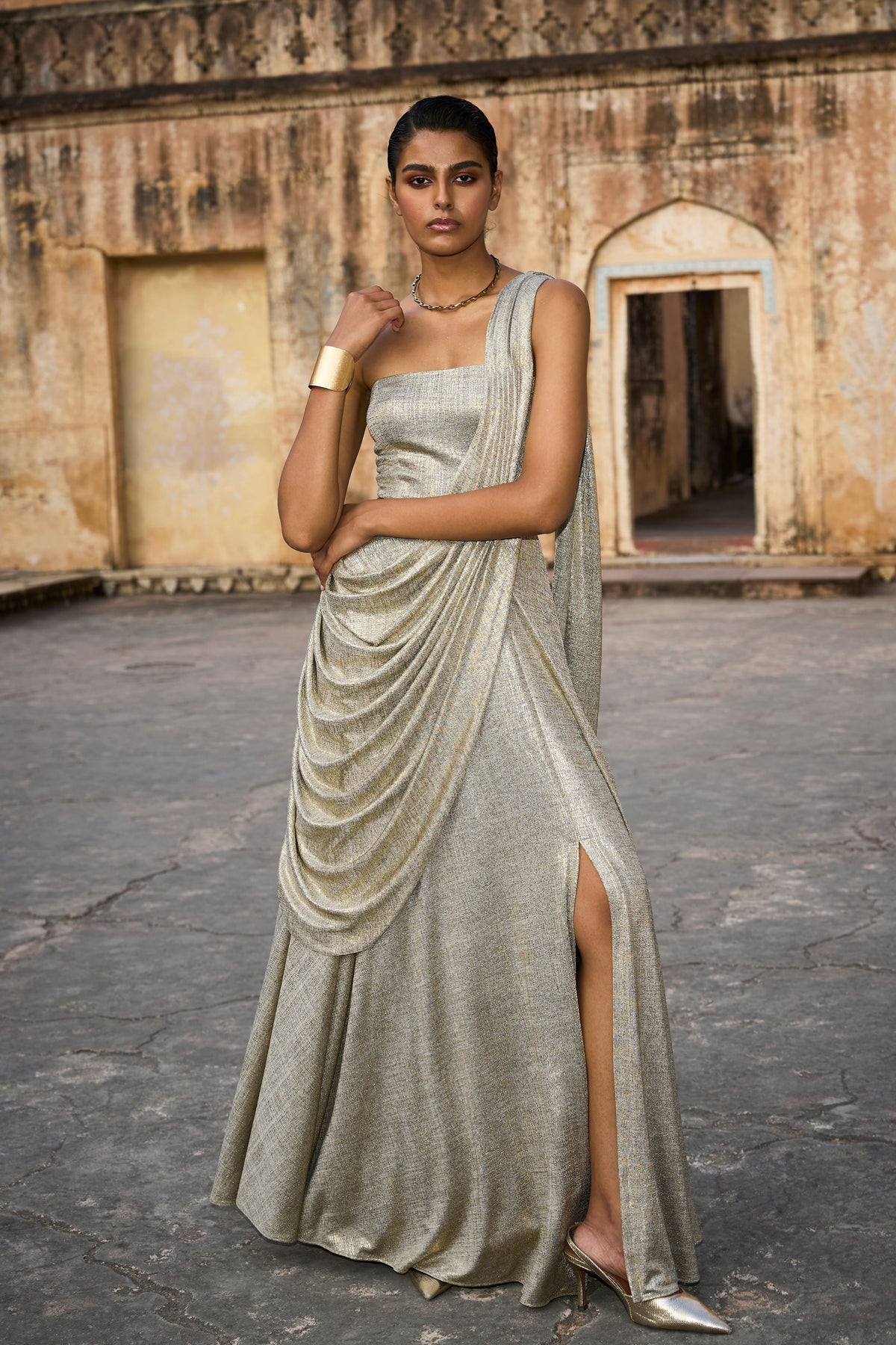 Champagne Saree Drape Gown