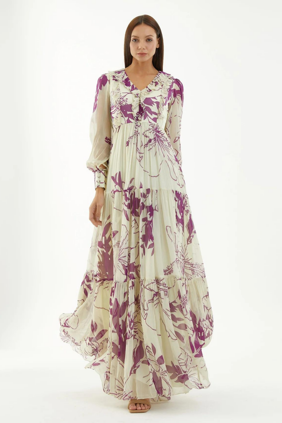 White And Purple Floral Long Dress