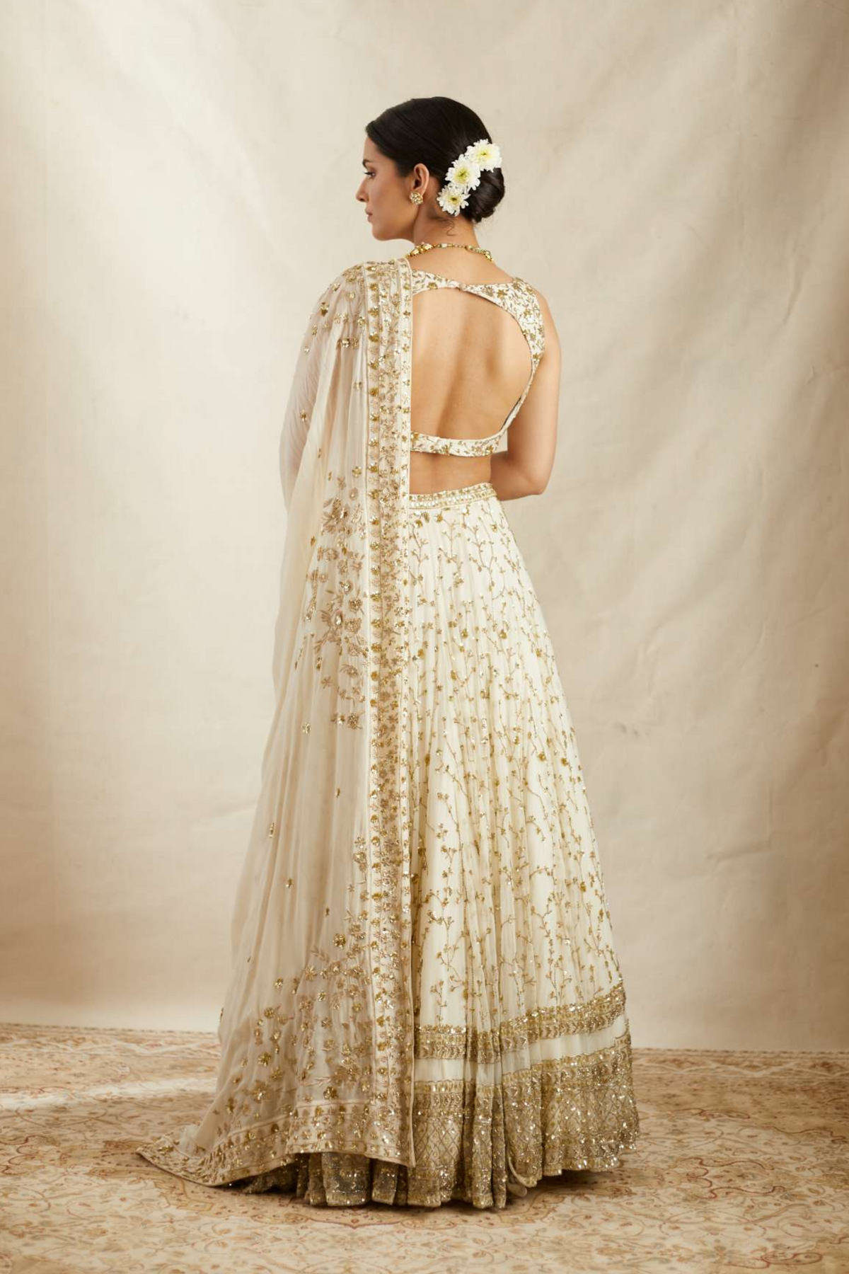 Off White Net Border Lehenga Set