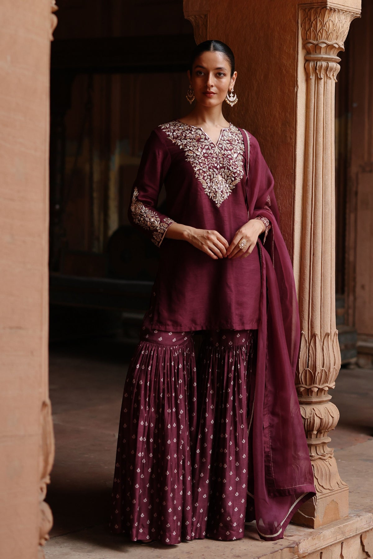 Wine Embroidered Sharara Set