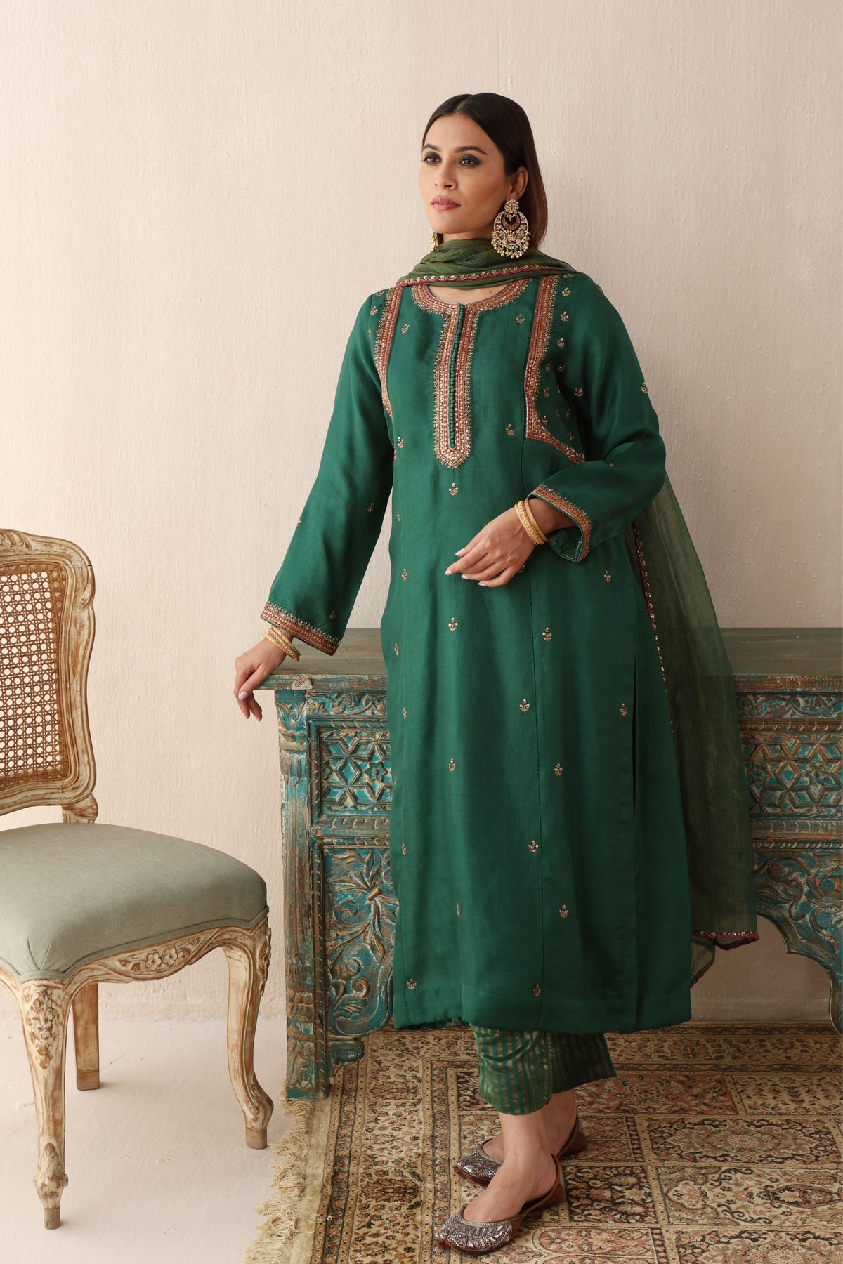 Green Hand Embroidered Kurta Set