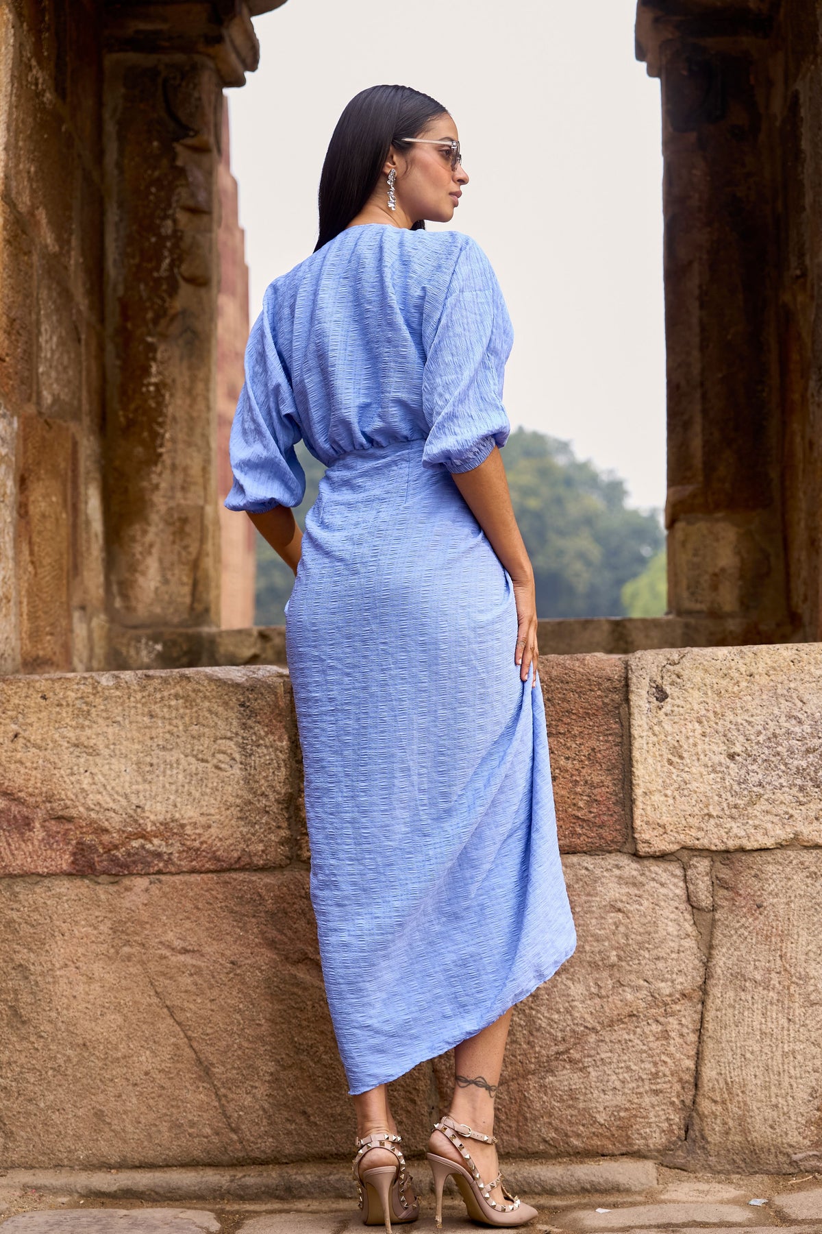 Blue Draped Midi Dress