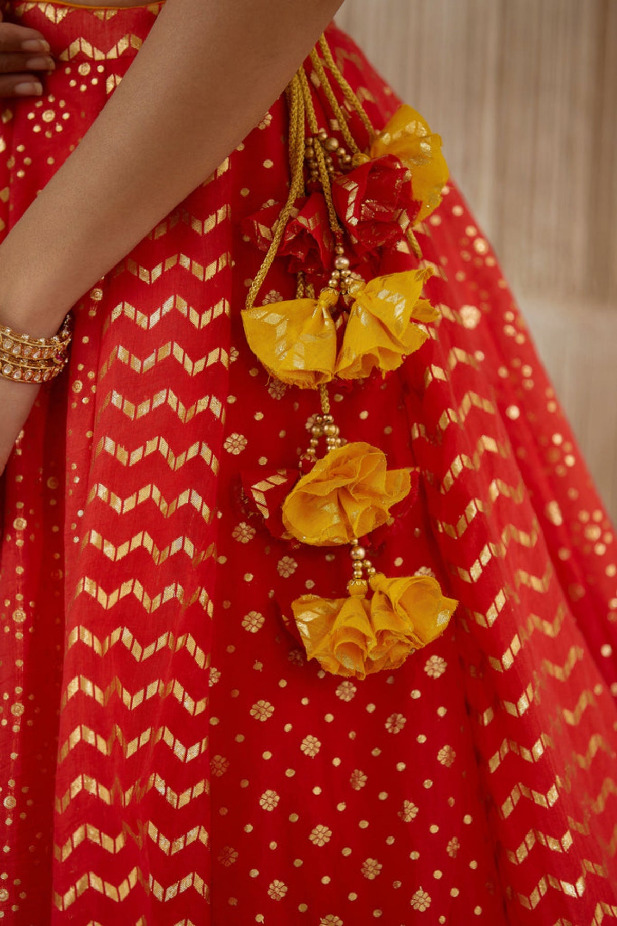 Red zardozi silk lehenga set