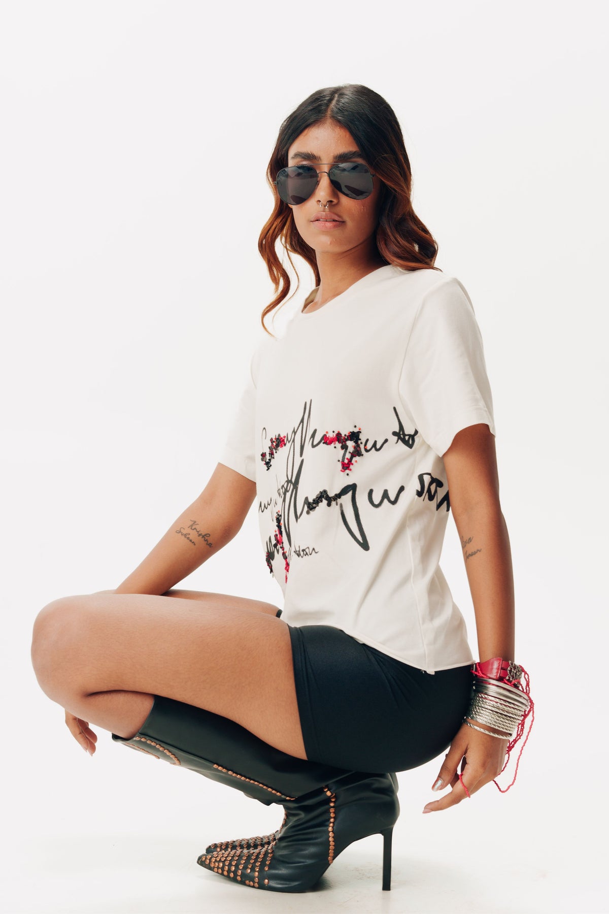 Printed &amp; Embroidered White T Shirt