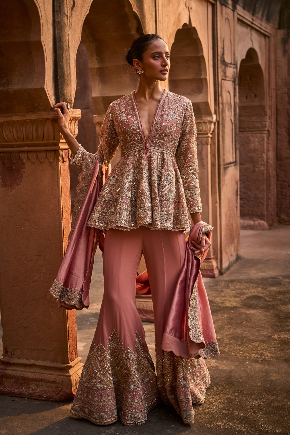 Embroidered Peach Sharara Set