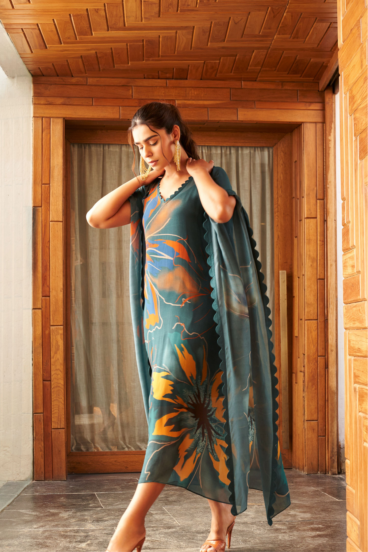 Summer Flower Teal Long Kaftan