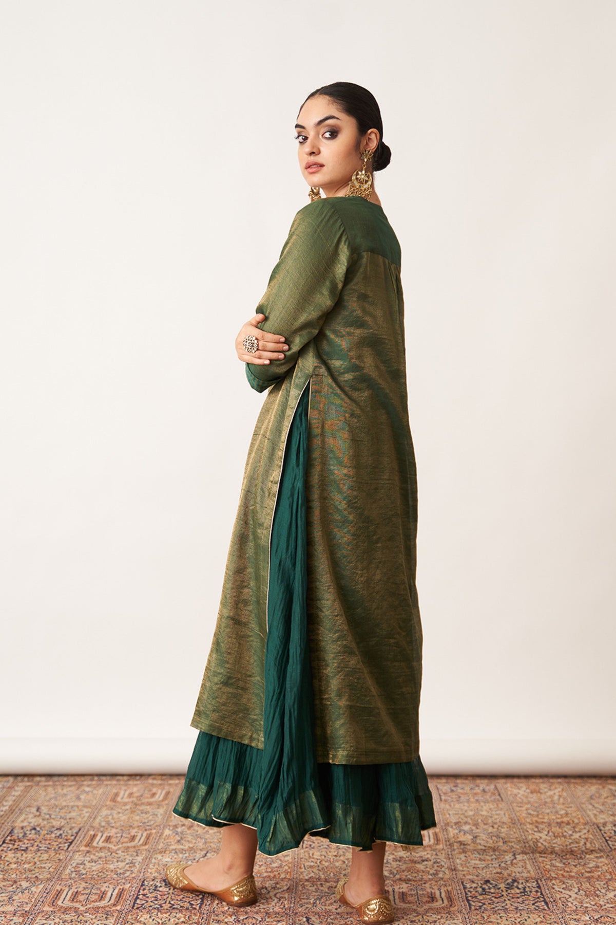 Bottle Green Kurta With Skirt