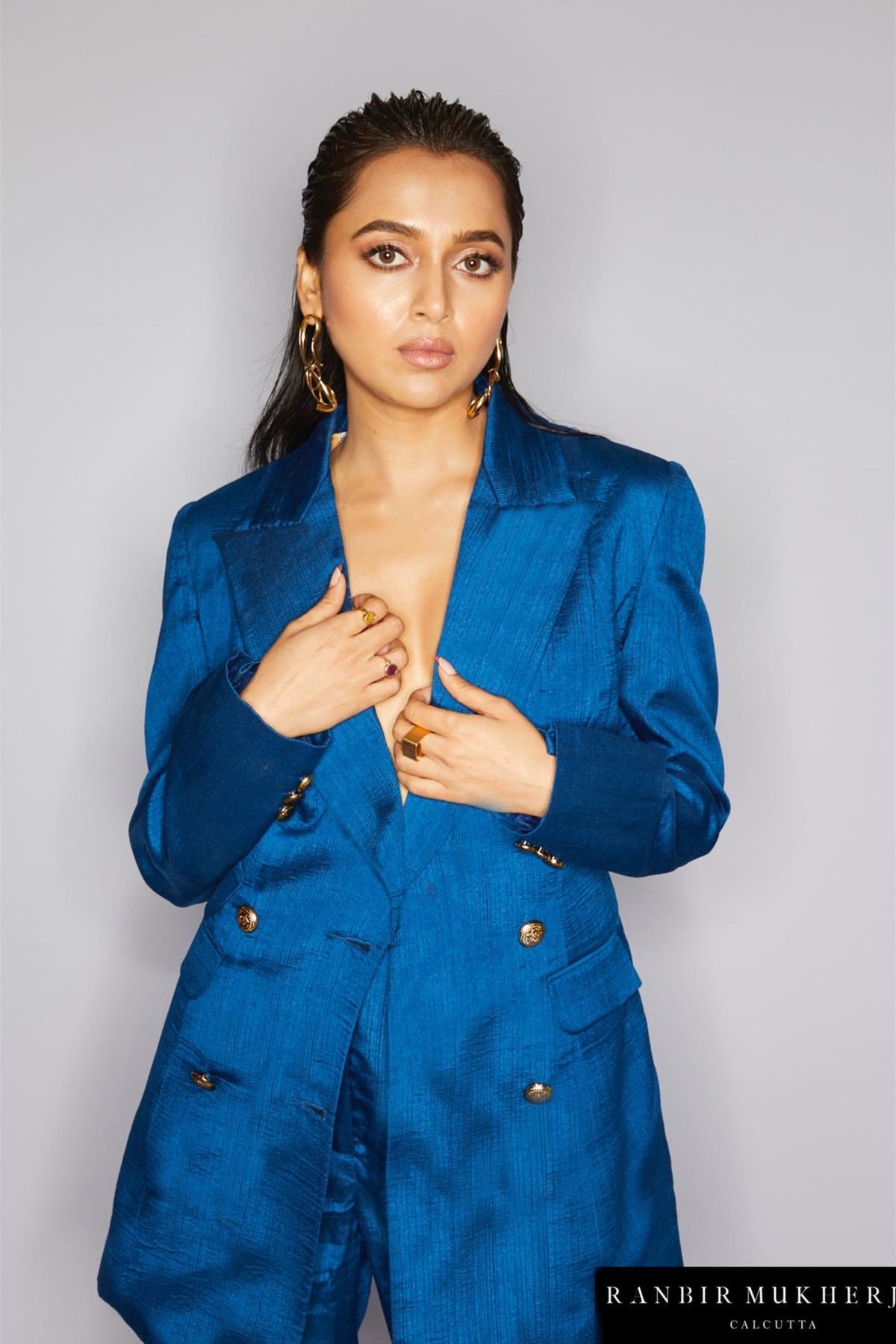 Dark blue nysa silk blazer set