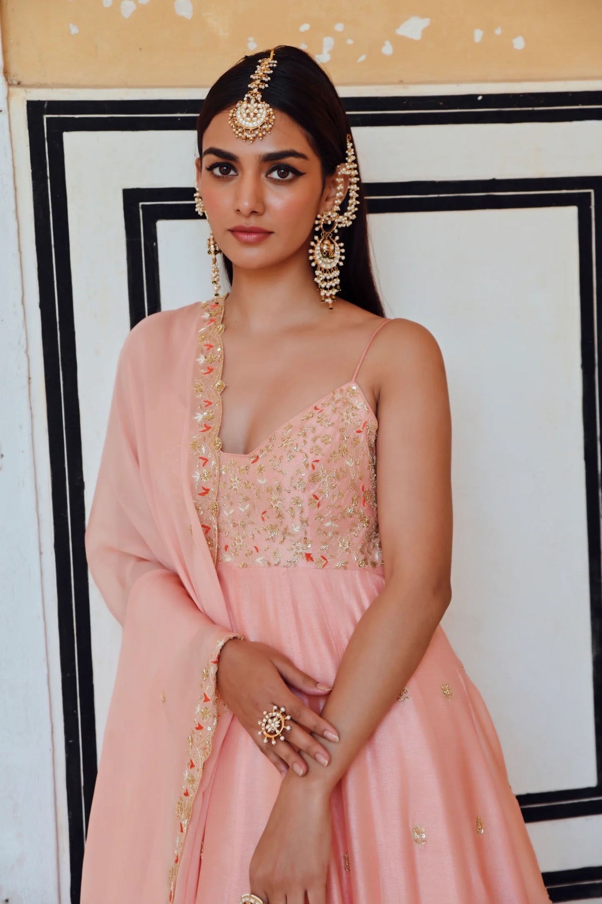 Peach Embroidered Anarakali Set