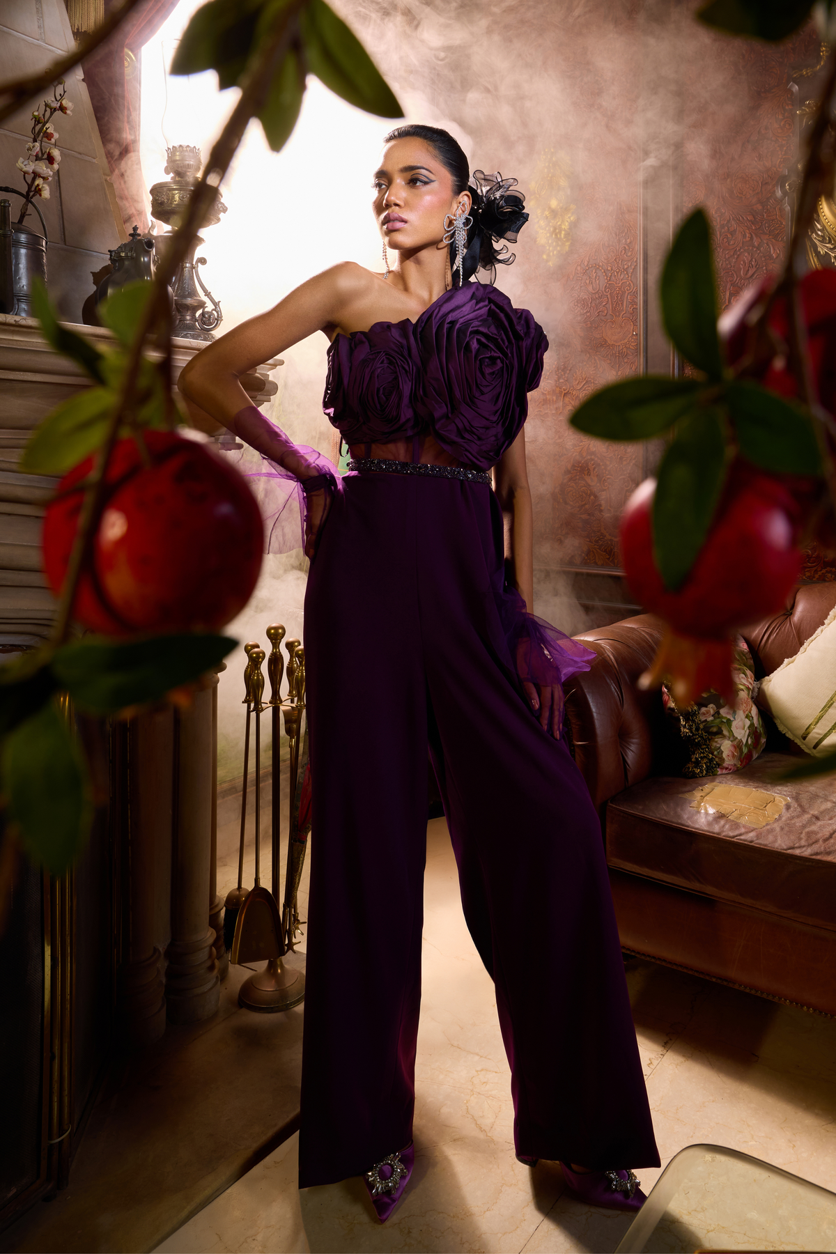 Purple Taffeta Draped Jumpsuit With Belt