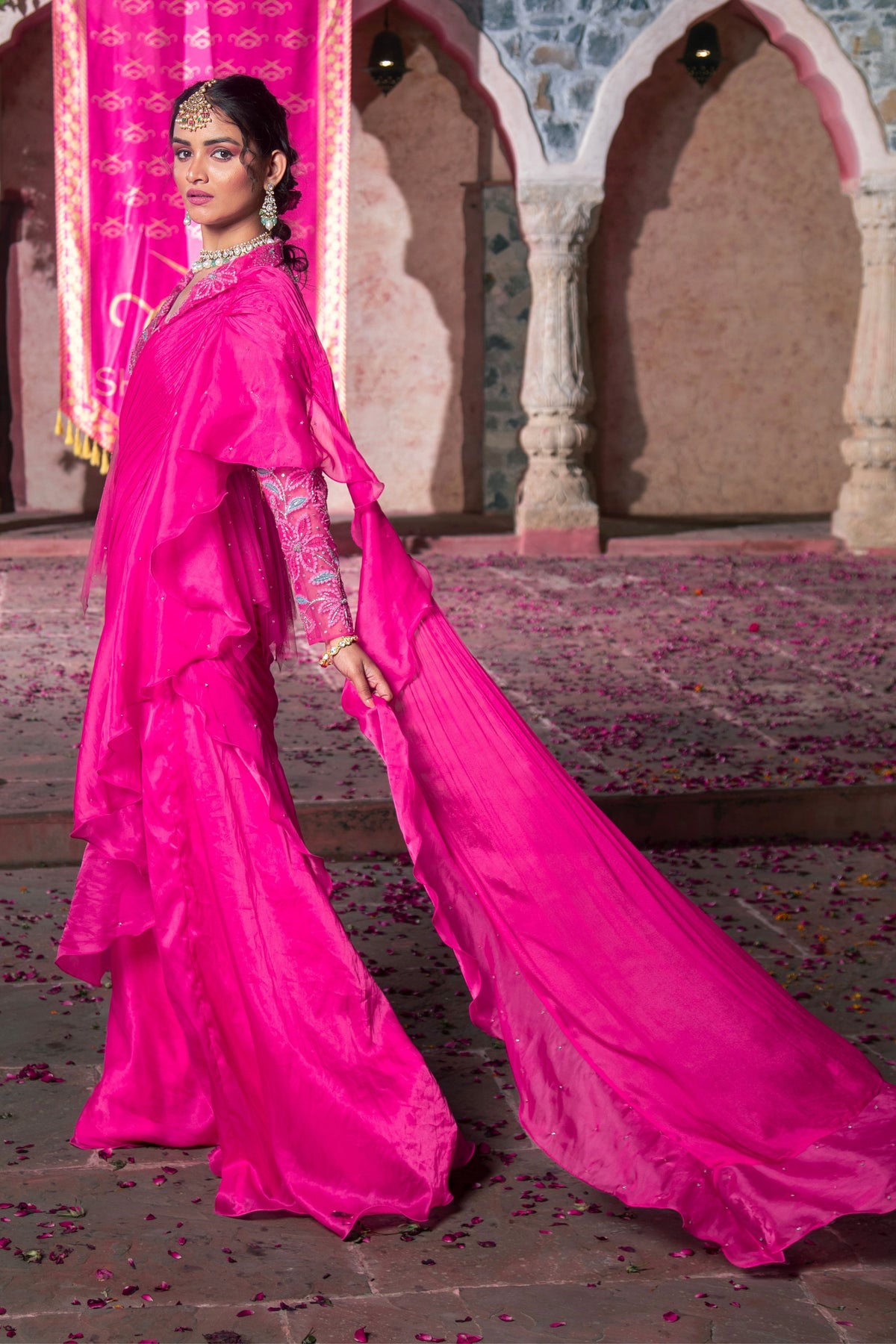 Hot Pink Embroidered Drape Saree Set