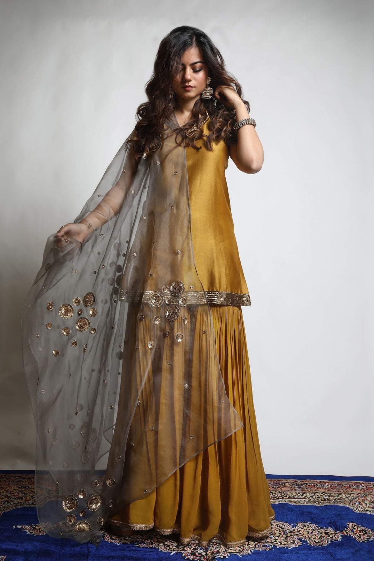 Burnt Gold &amp; Grey Embroidered Sharara Set