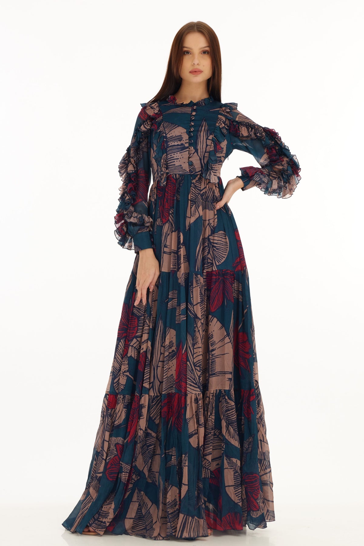 Multicolour Floral Frill Long Dress