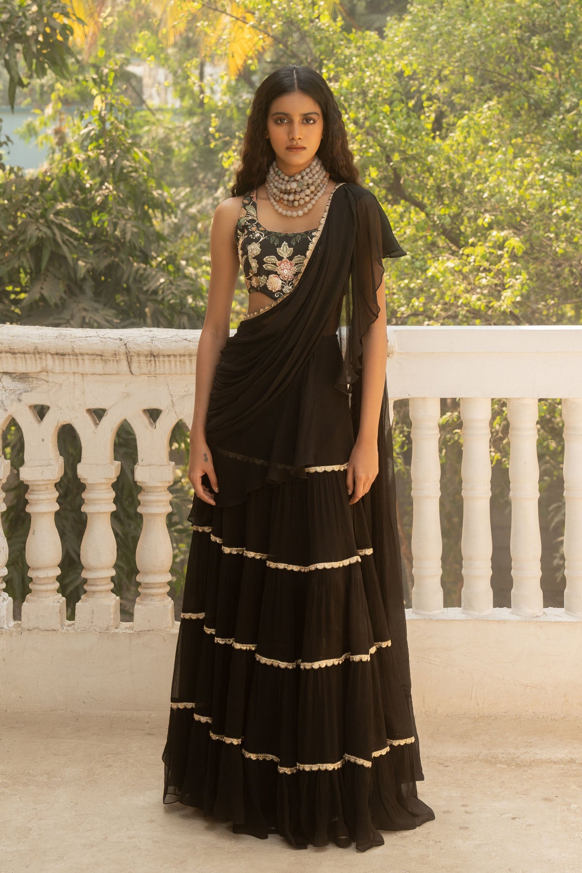 Black Pre-draped Saree Set