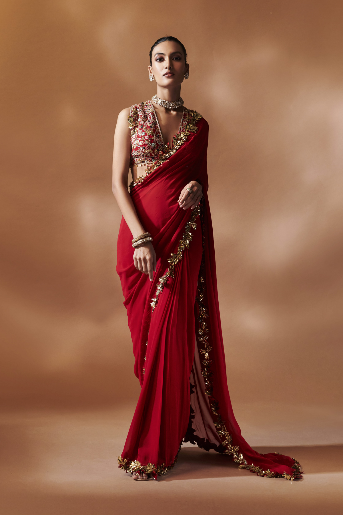 Red And Gold Embroidered Saree Set
