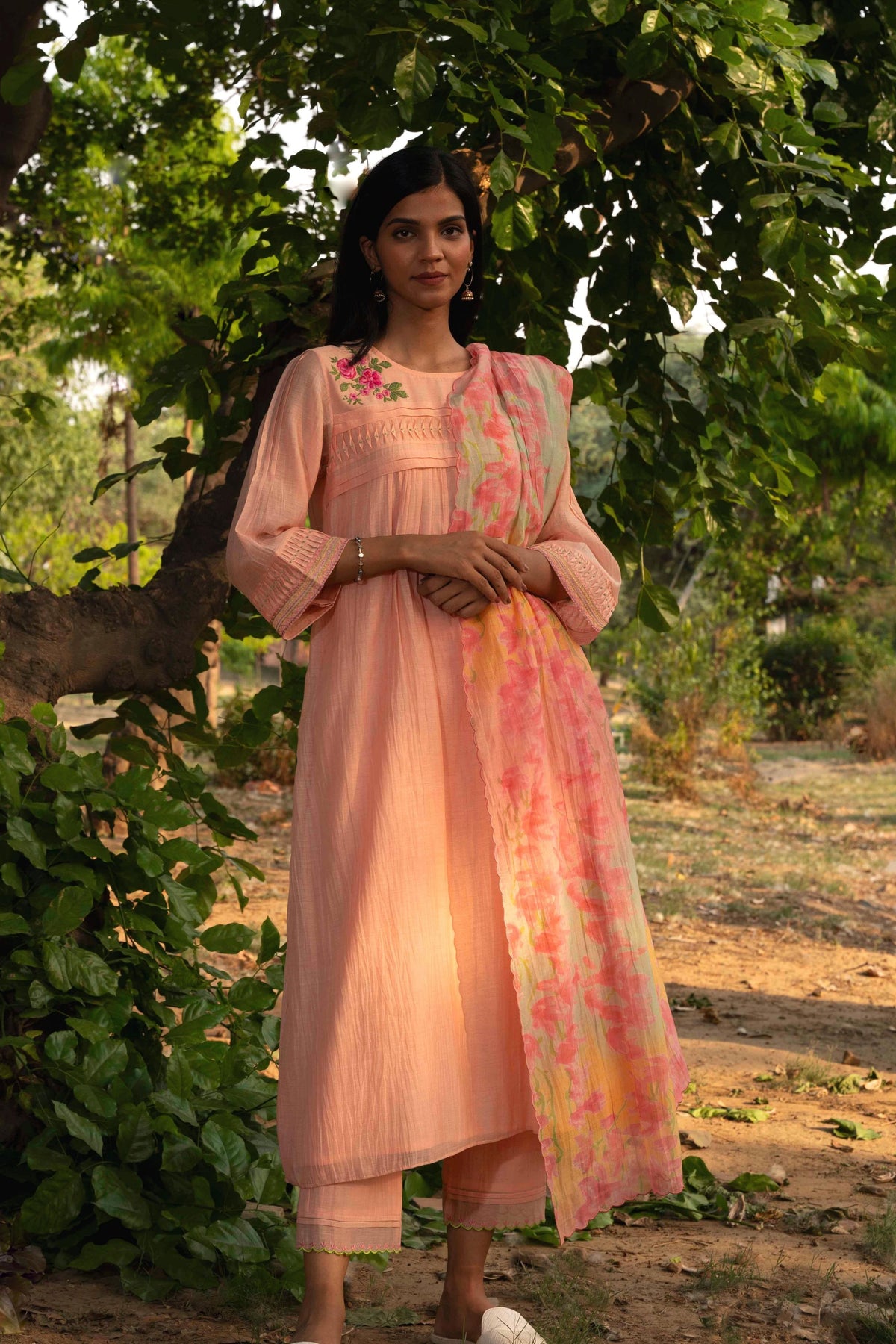 Peach Pleated Kurta  Set With Dupatta