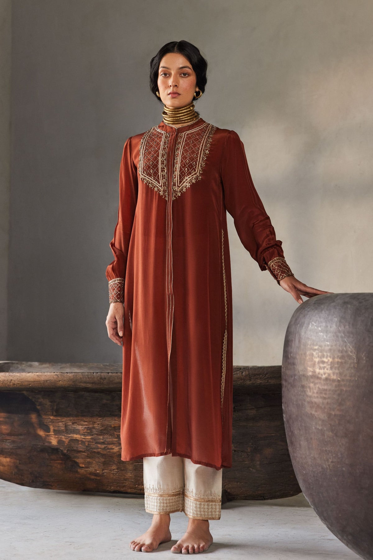 Rust Kurta With Beige Pants