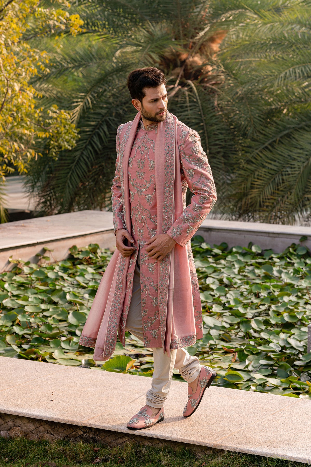 Peach Embroidered Sherwani Set