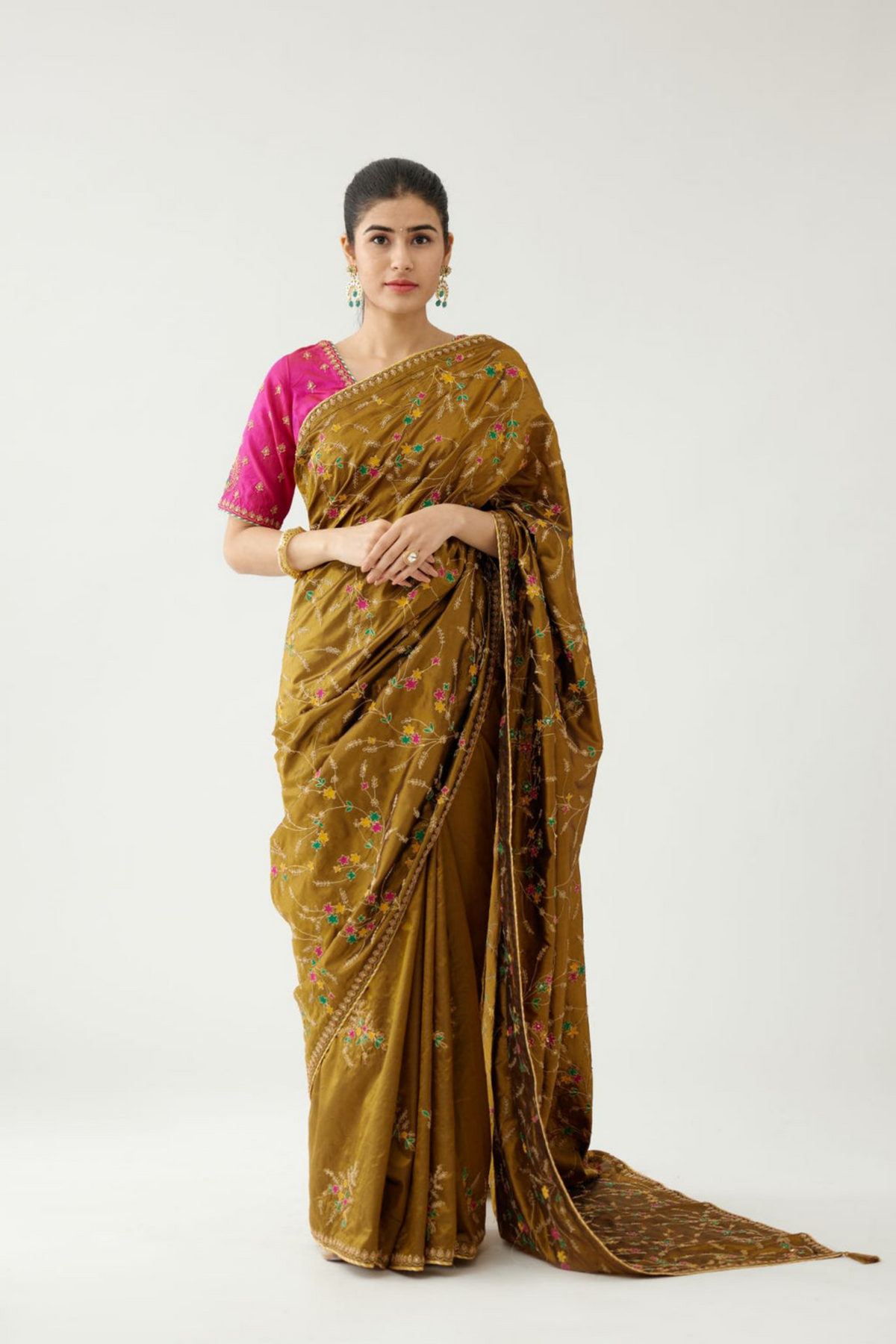 Golden olive silk saree set