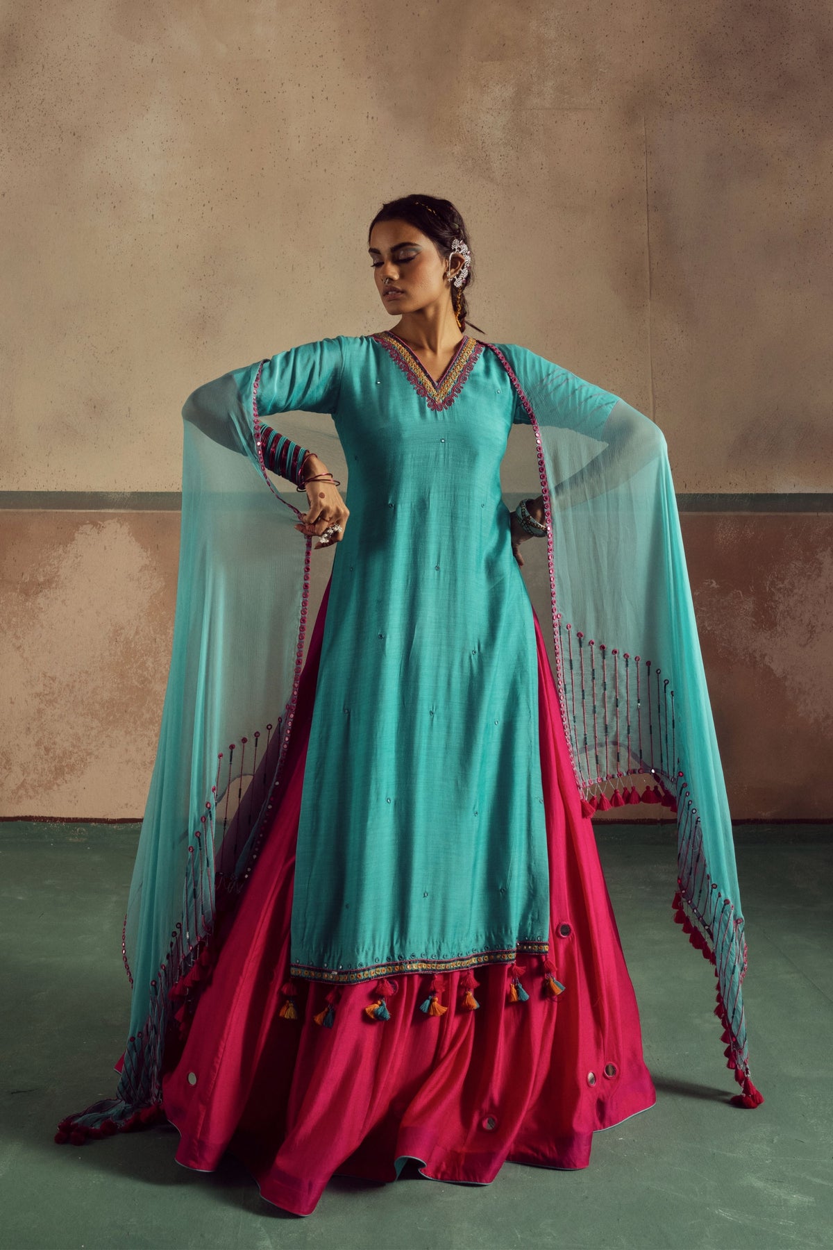 Backless Aqua Kurta Skirt Set