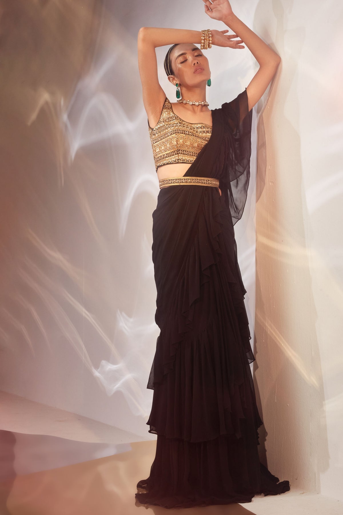 Black Ruffle Drape Saree