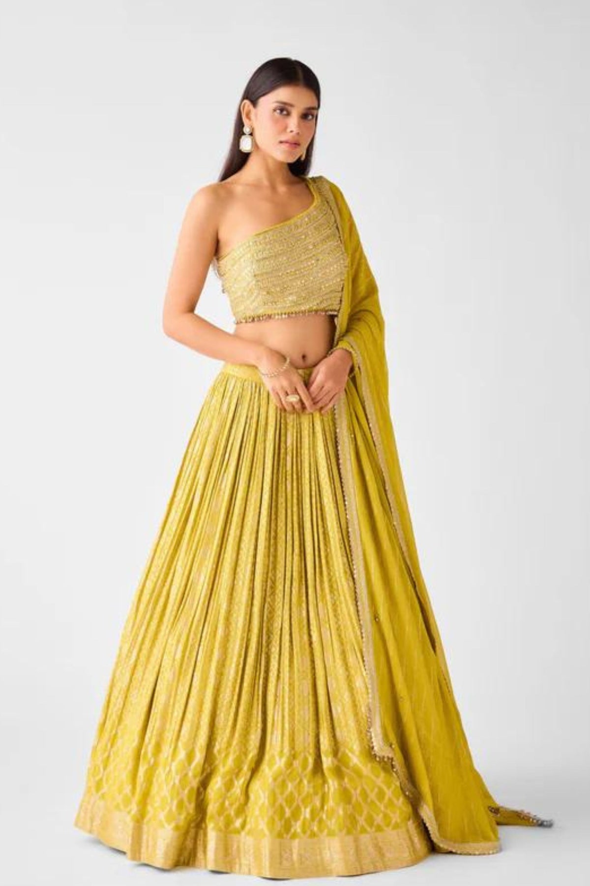 Yellow Banarasi Chinon Lehenga Set