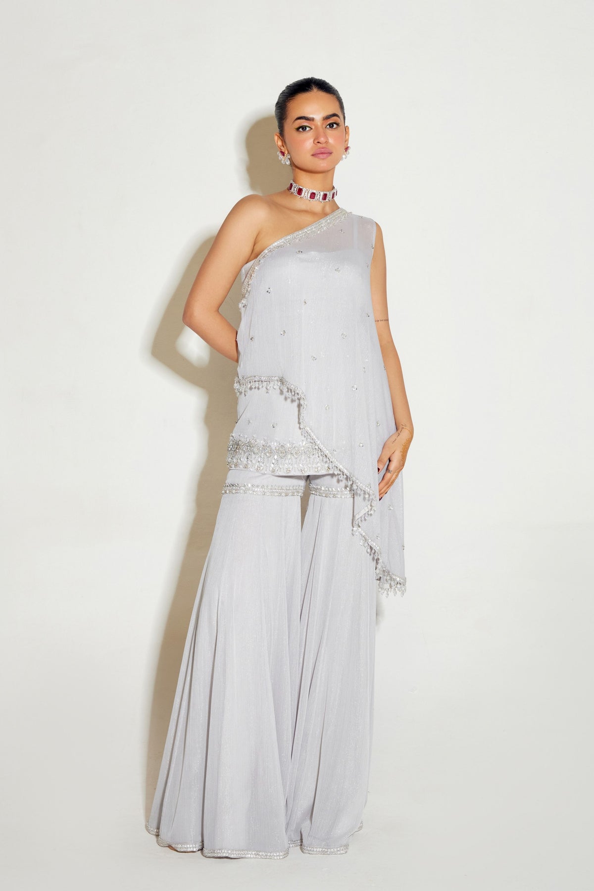 Grey One Shoulder Sharara Set