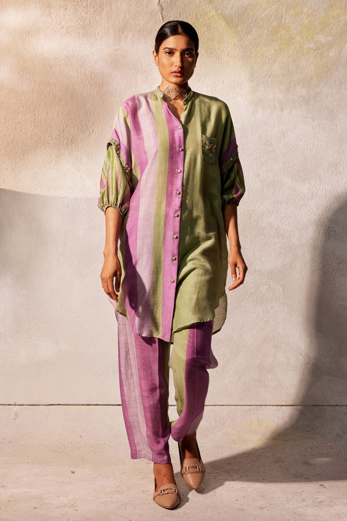 Green Linen Silk Tunic Set