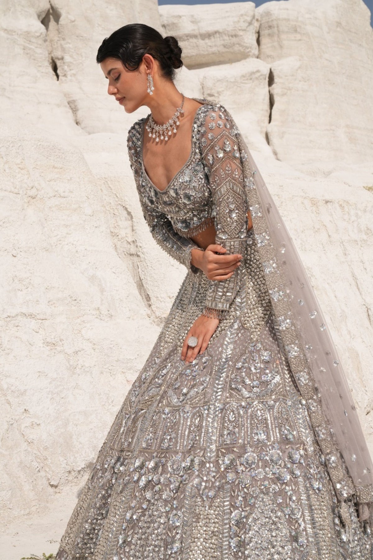 Steel Grey Embroidered Lehenga Set