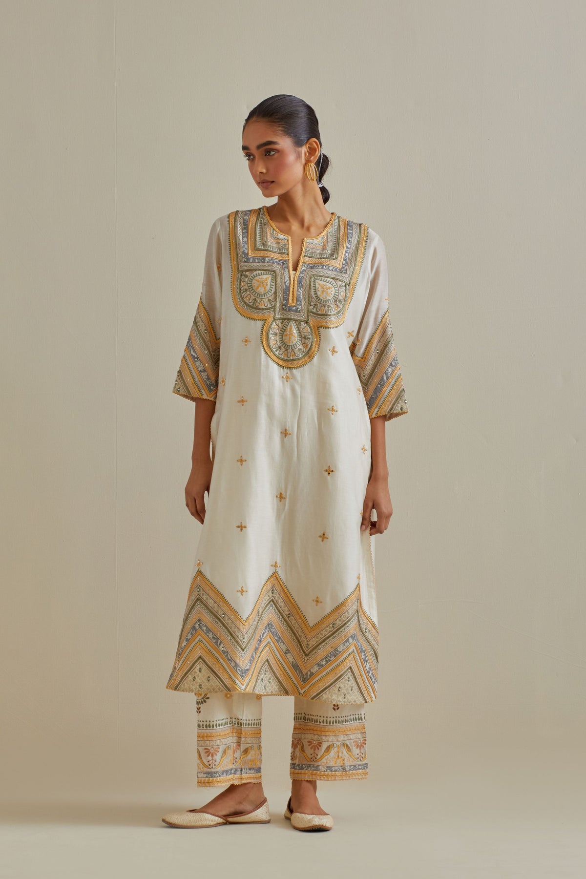 Yellow Thread Embroidered Kurta Set